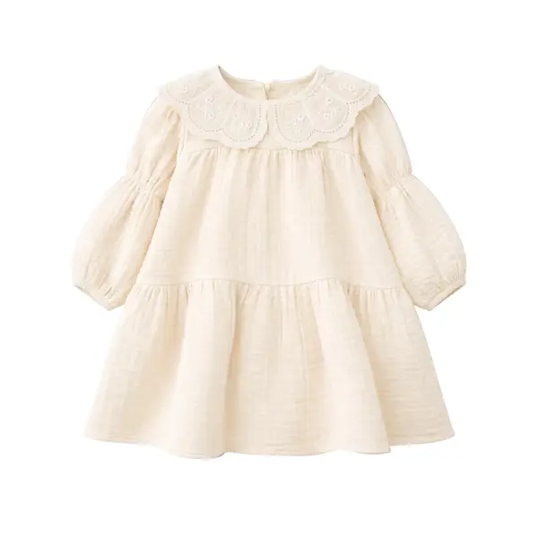 MUŚLINOWA SUKIENKA Z ROZKLOSZOWANYM DOŁEM - KREMOWA